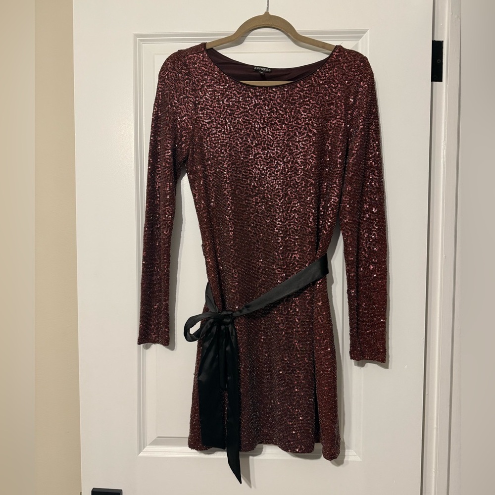 Express Shimmering Sequin Burgundy Long Sleeve Dress
